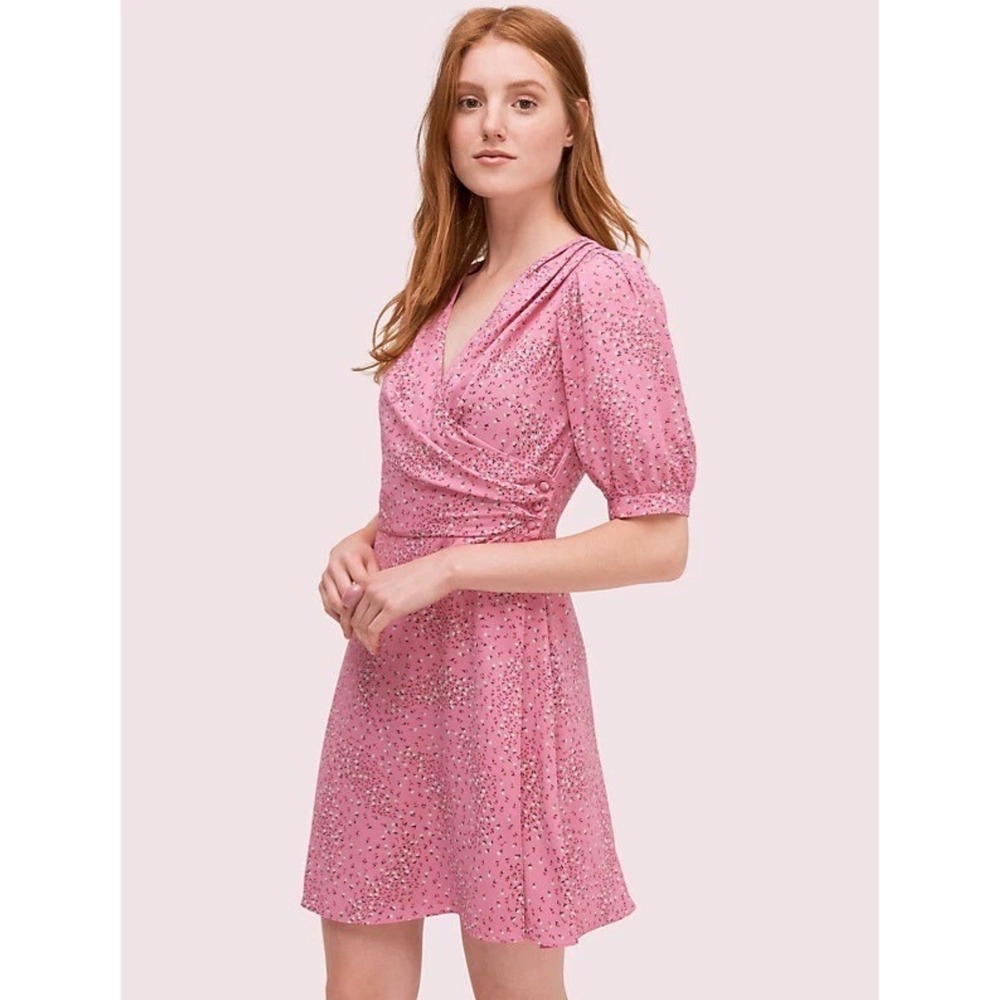 Kate Spade NY Pink Floral Wrap Dress Puff Sleeve‎ Fit Flare Womens Size 4